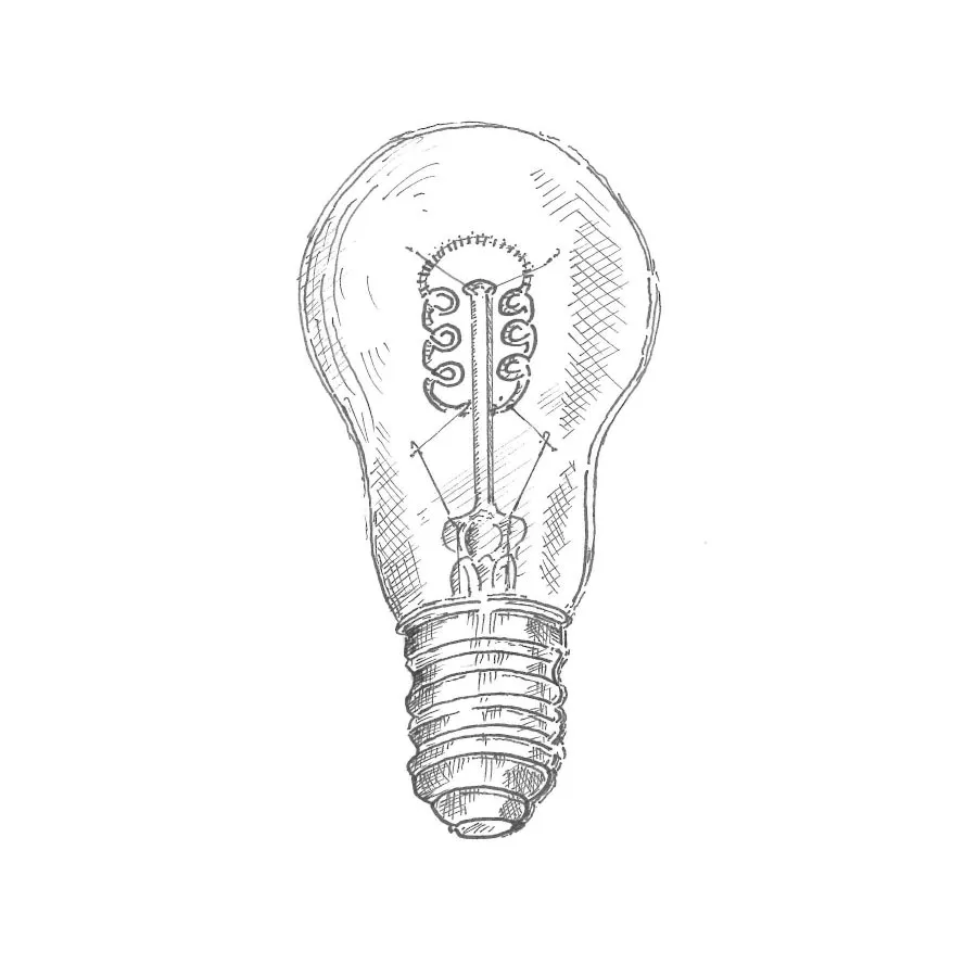 Detailed black and white sketch of a classic light bulb showing filament and screw base.