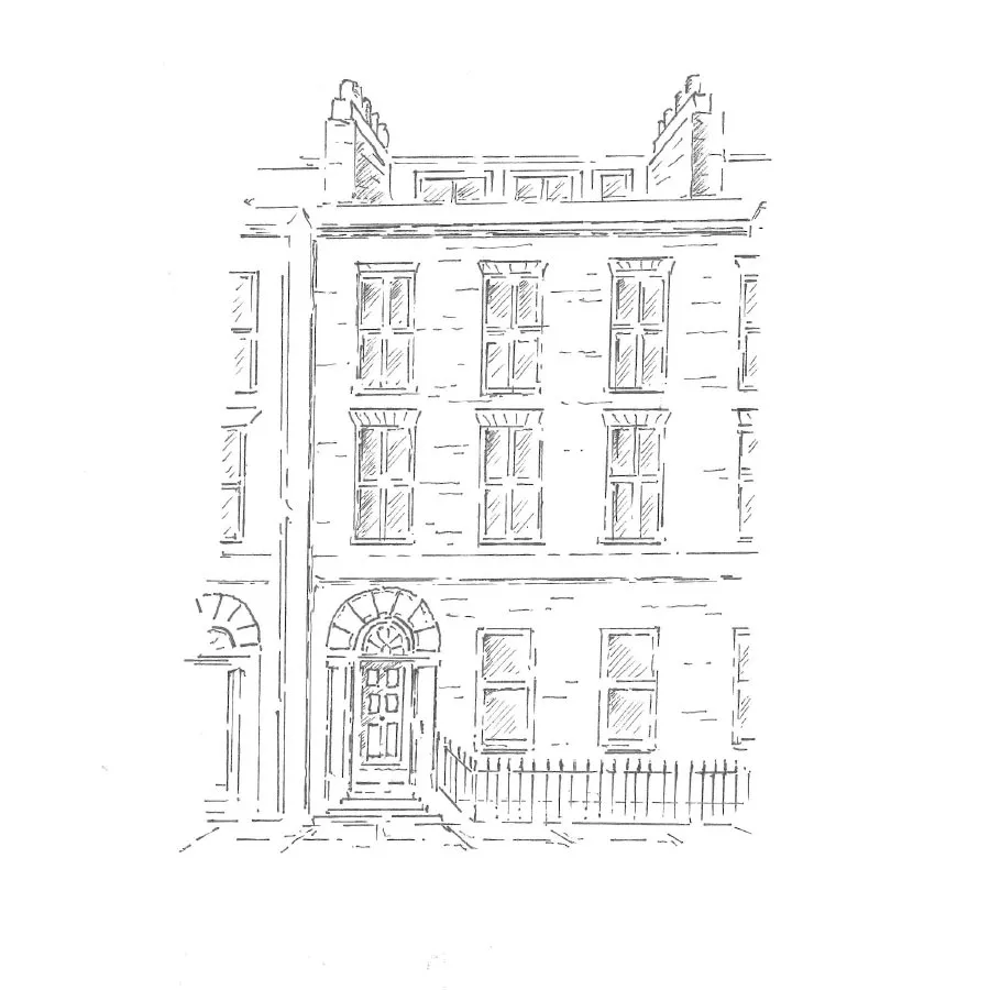 Black and white sketch of a three-story building with multiple windows, an arched front door, and a fence in front.