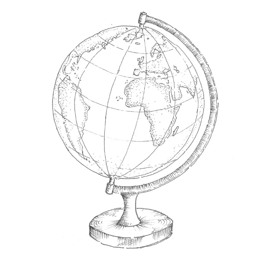Black and white sketch of a globe showing continents including Africa, Europe, and the Americas on a stand.