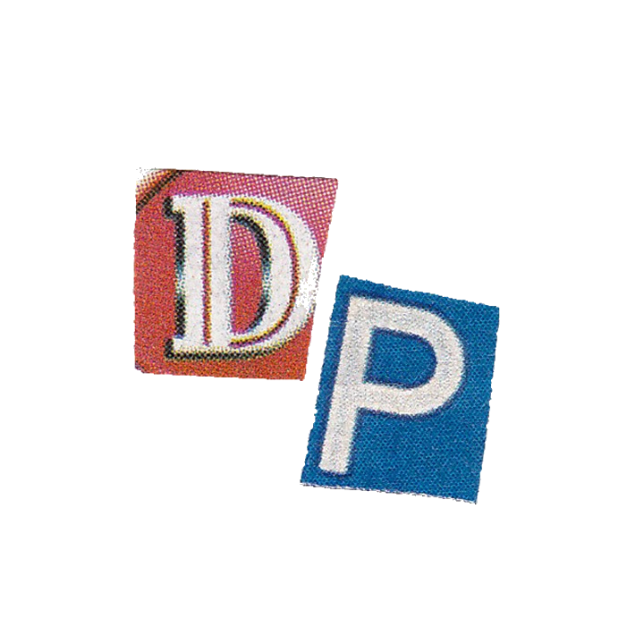 Letters D and P in white on red and blue square backgrounds with a blue backdrop.