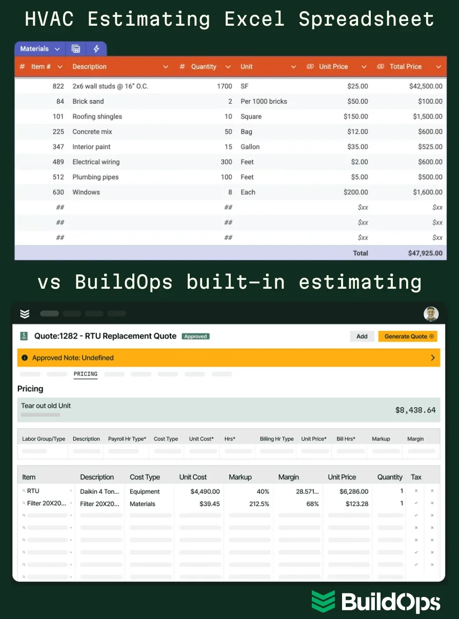 Side-by-side comparison of an ArcSite Excel template vs BuildOps built in quoting