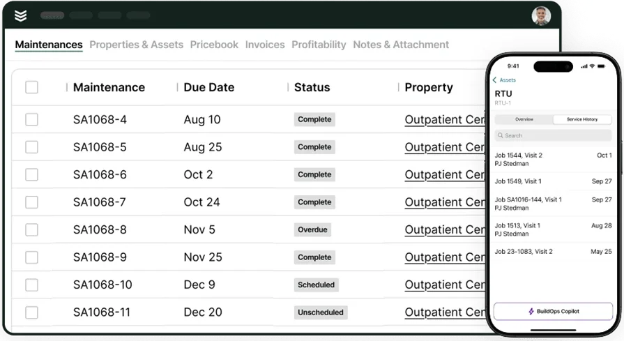 BuildOps HVAC maintenance service agreement dashboard & mobile