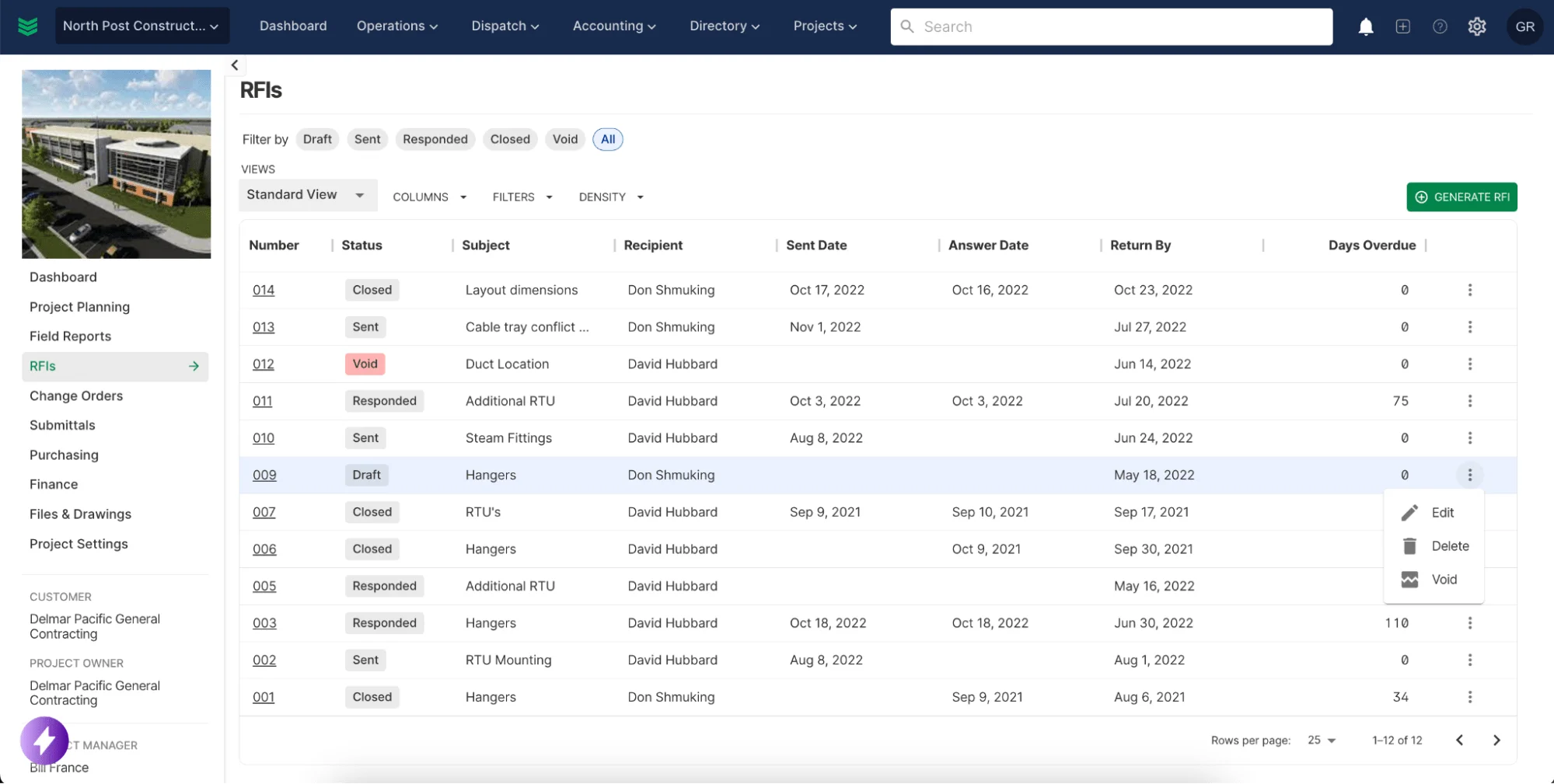 RFIs and submittals example screenshot