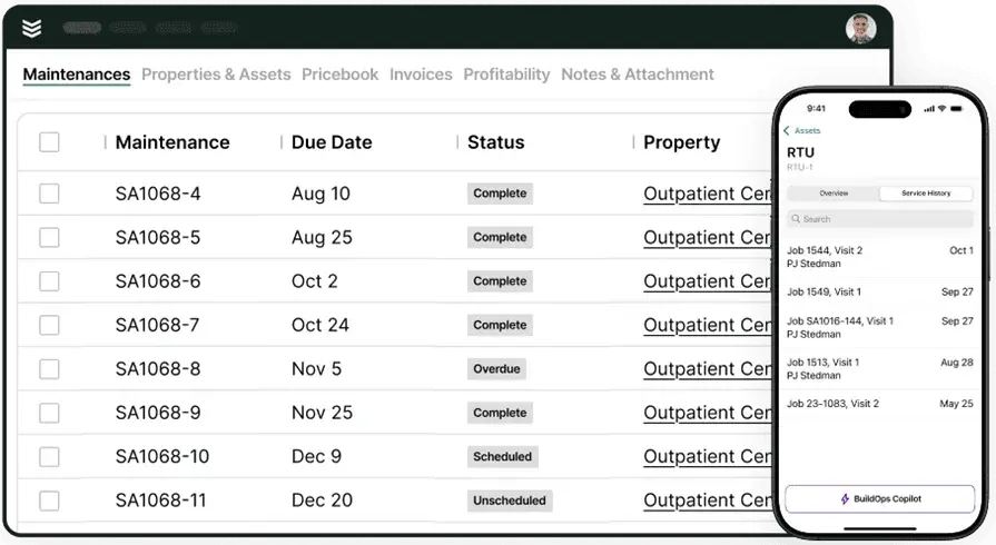Desktop and app views showing maintenance agreements