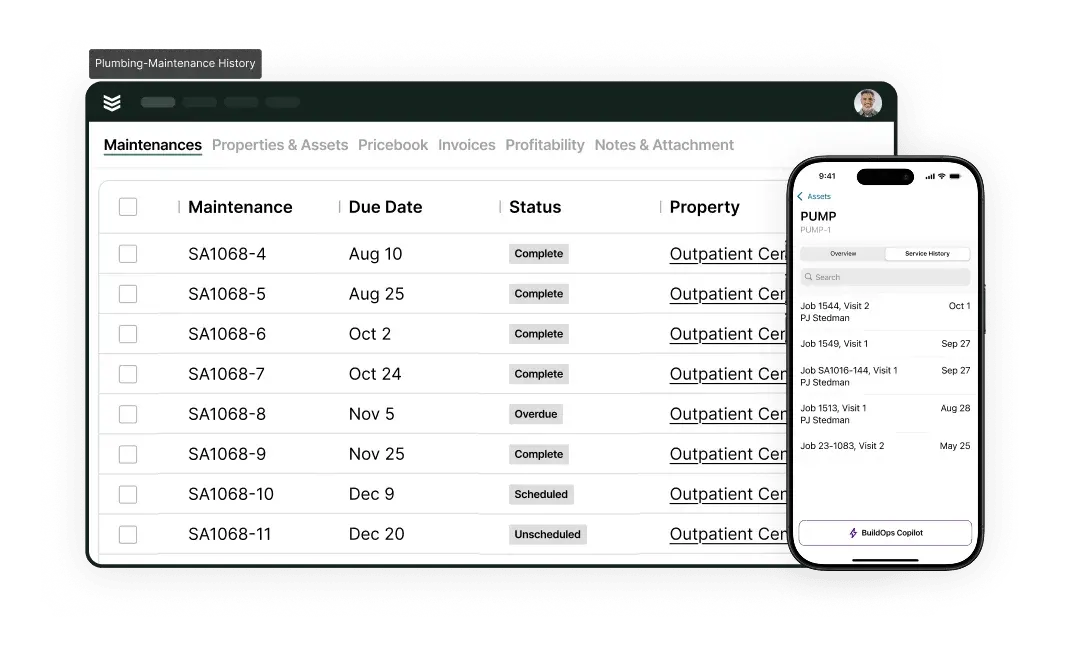 plumbing maintenance history dashboard
