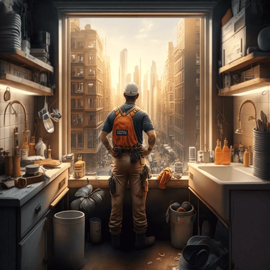 A generated image of a construction worker looking out of a window towards a large city