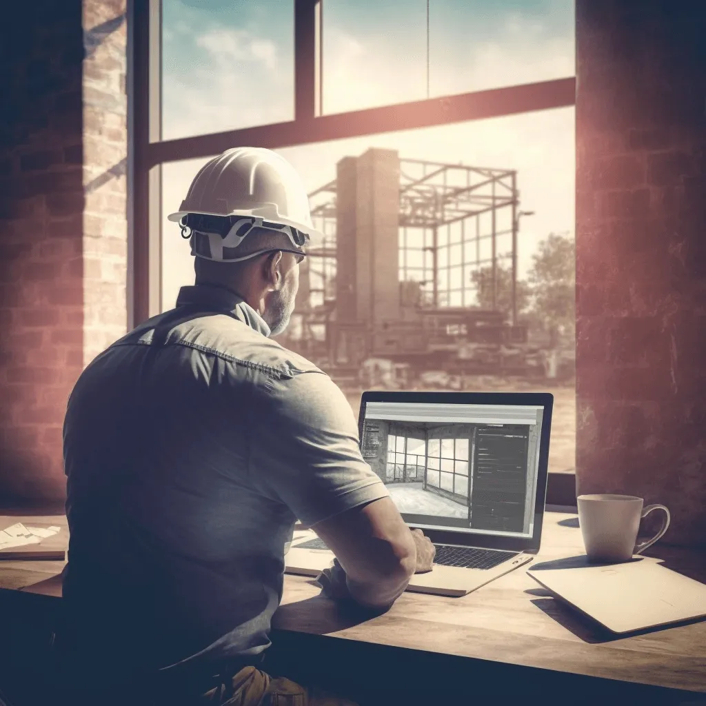 A construction foreman reviewing plans on a laptop