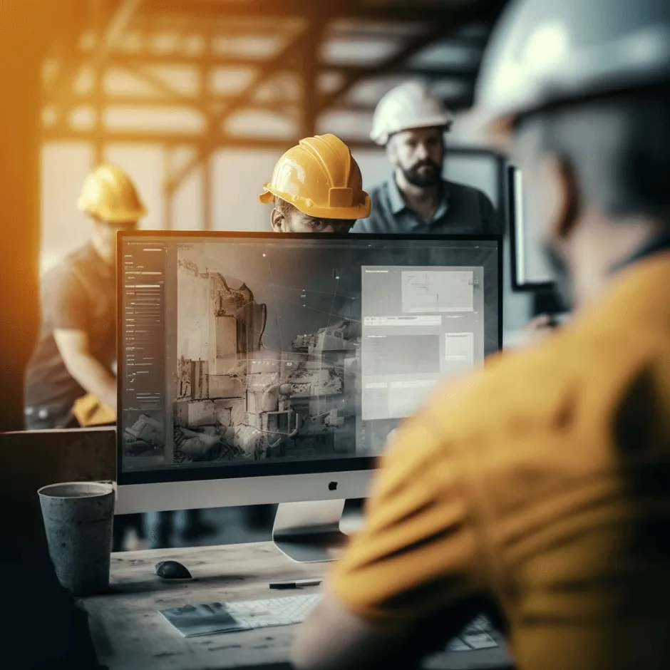 A generated image of a foreman looking at plans on their computer