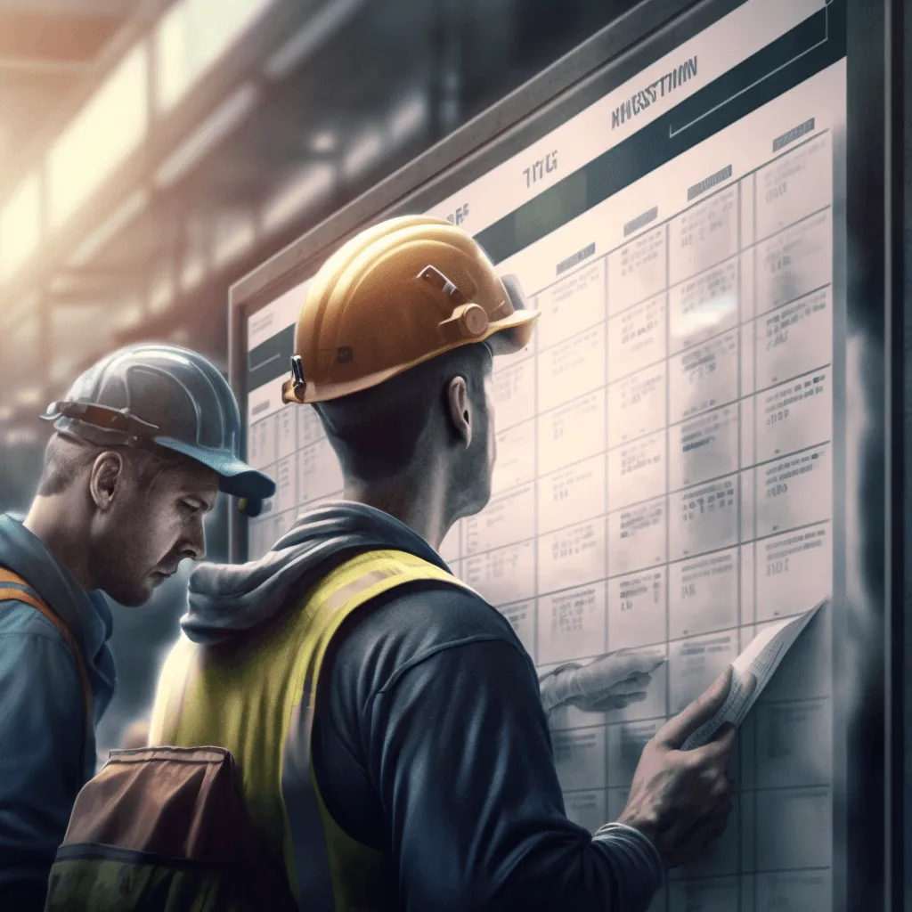 A generated image of two construction workers observing a work schedule board