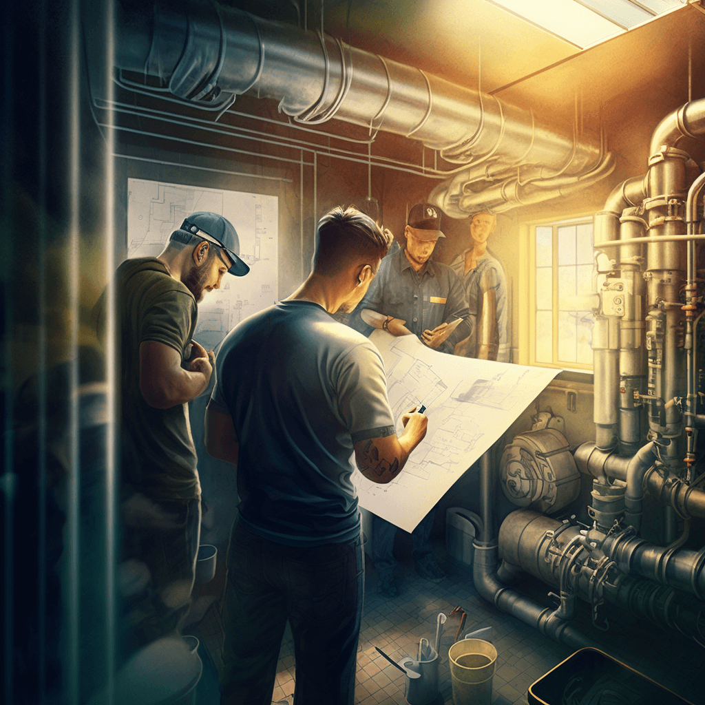A generated image of a group of plumbers looking at some blueprints