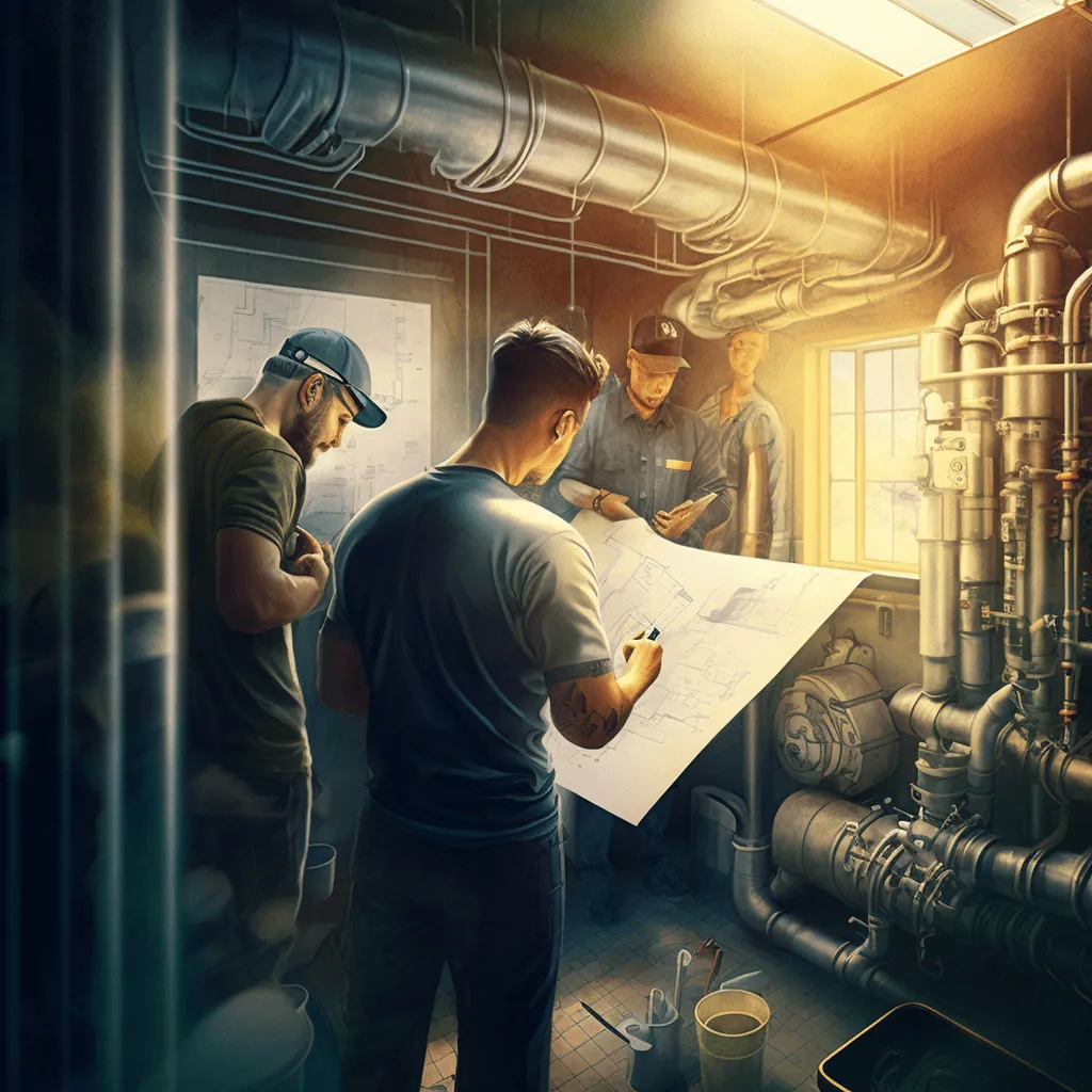 A generated image of a group of plumbers looking at some blueprints
