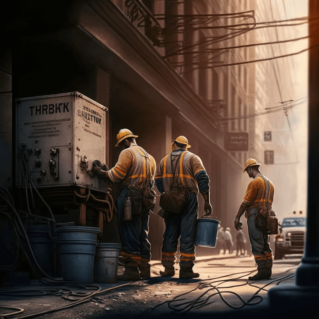 a enerated image of three construction workers and a utility box
