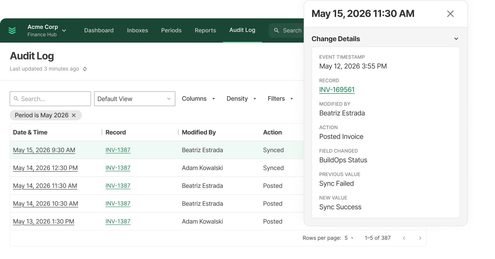 BuildOps Finance Hub shows Audit Log