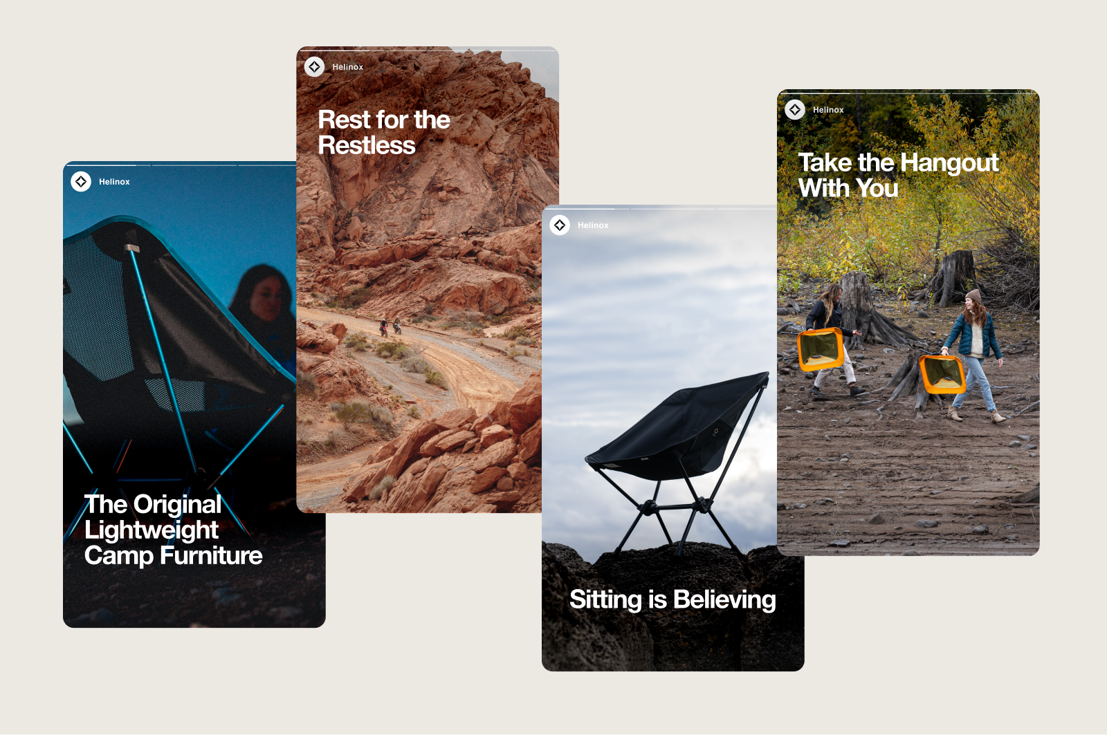 Four promotional images of Helinox lightweight camping chairs in various outdoor settings with slogans: 'The Original Lightweight Camp Furniture,' 'Rest for the Restless,' 'Sitting is Believing,' and 'Take the Hangout With You.'