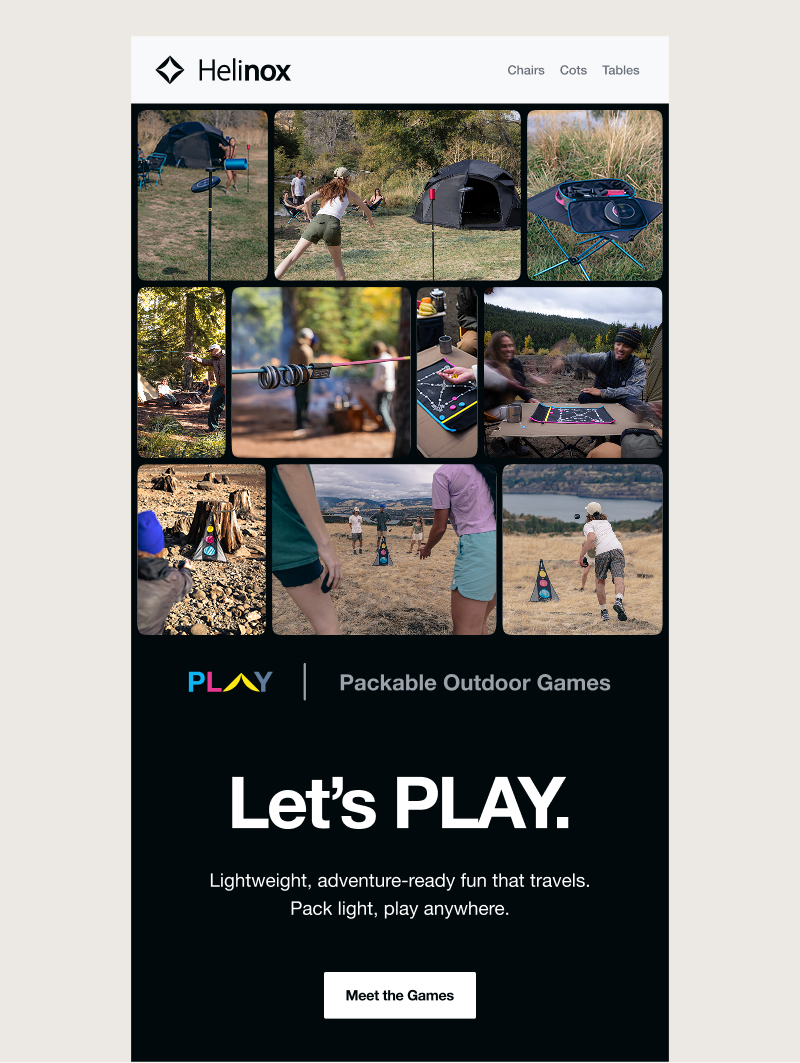 Collage of people playing packable outdoor games in nature settings with tents and camping gear nearby.