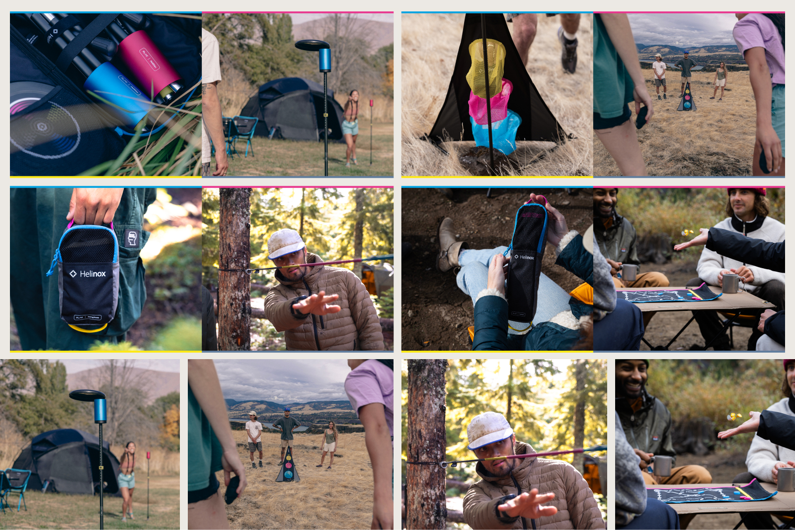 People outdoors playing a ring toss game, camping, and holding Helinox brand gear bags.