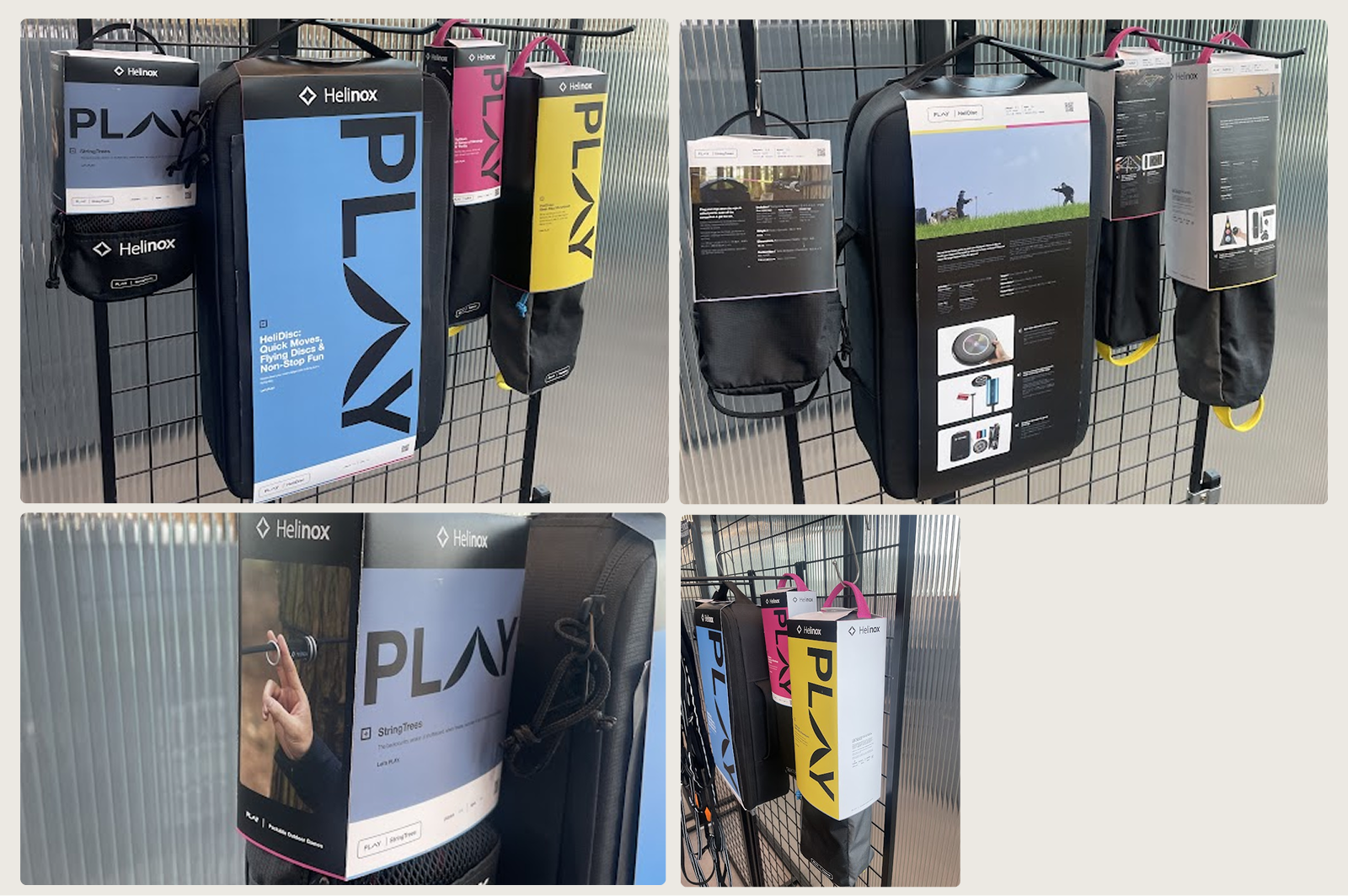 Helinox PLAY branded packs and cases displayed hanging on a metal grid wall.