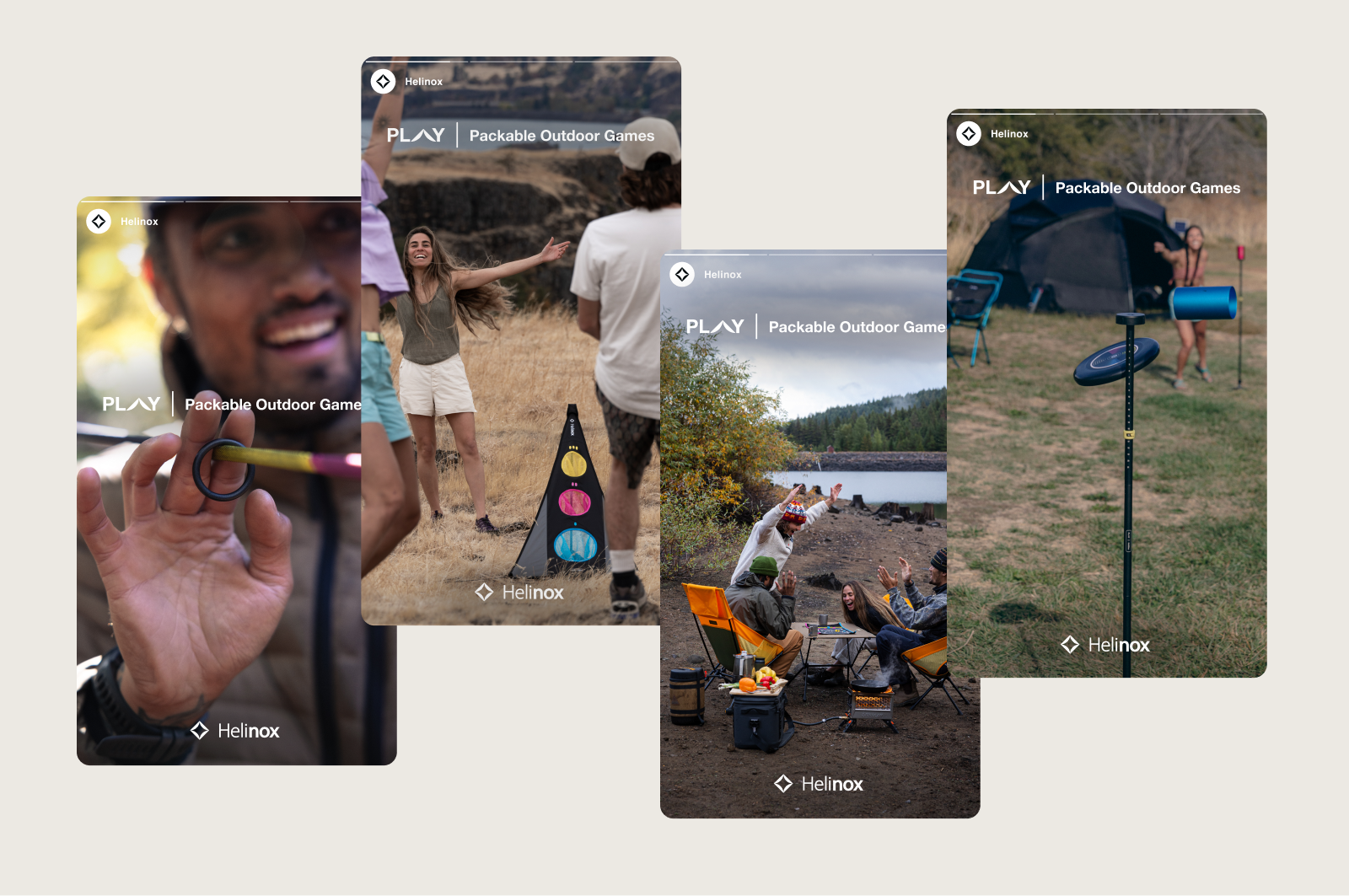 Four images show people playing diverse packable outdoor games by Helinox in nature settings.