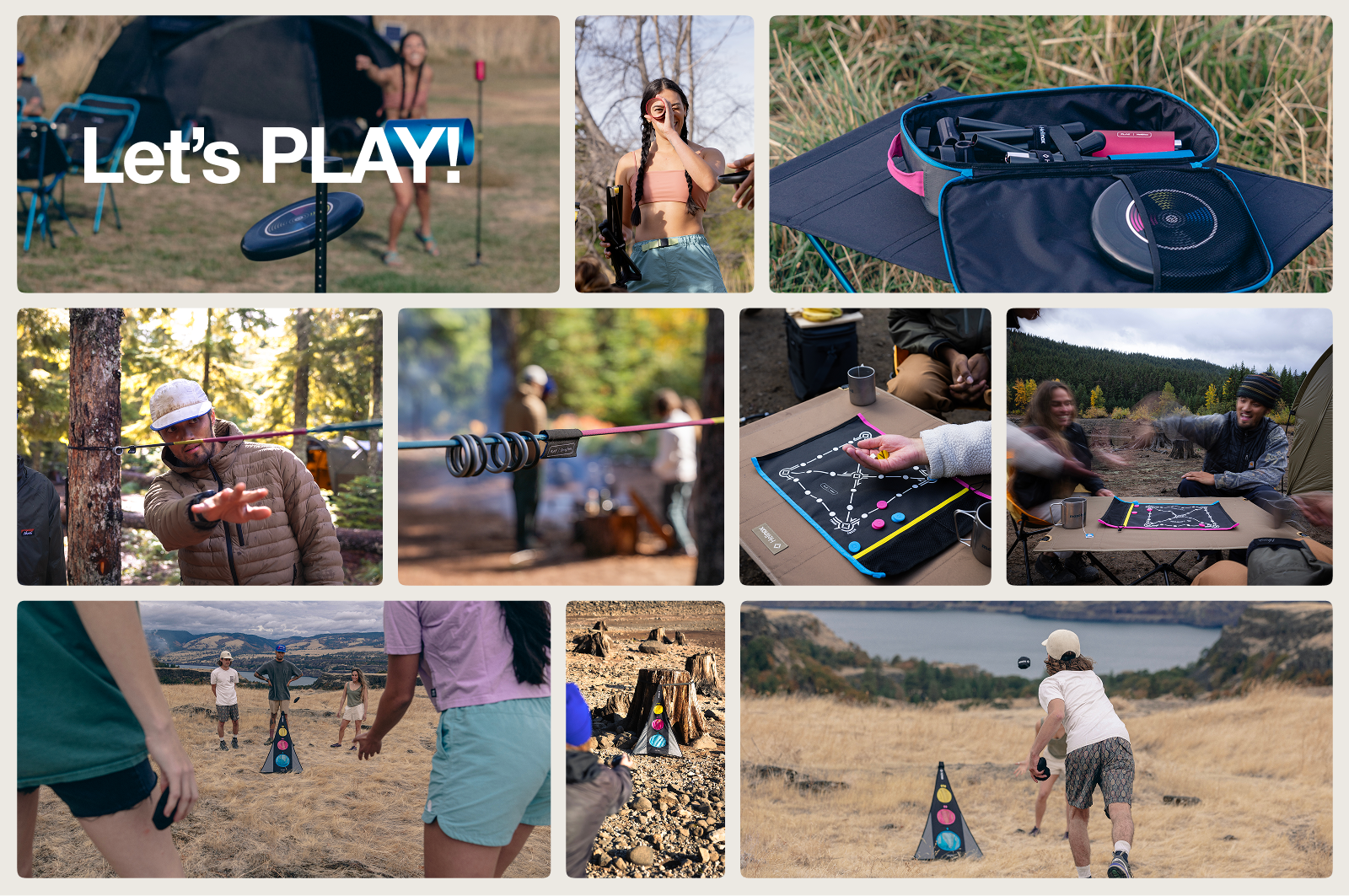 People playing outdoor games like ring toss and board games in various natural settings.