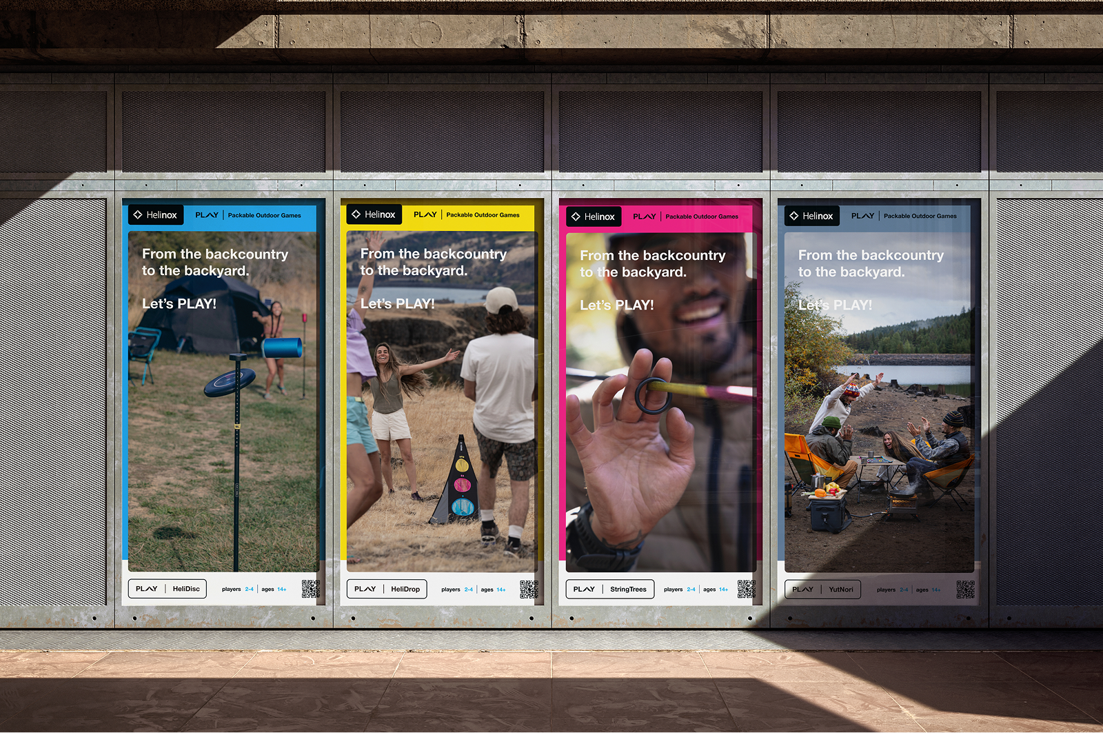 Four outdoor game ads showing people playing disc, target toss, ring toss, and sitting by a lake.