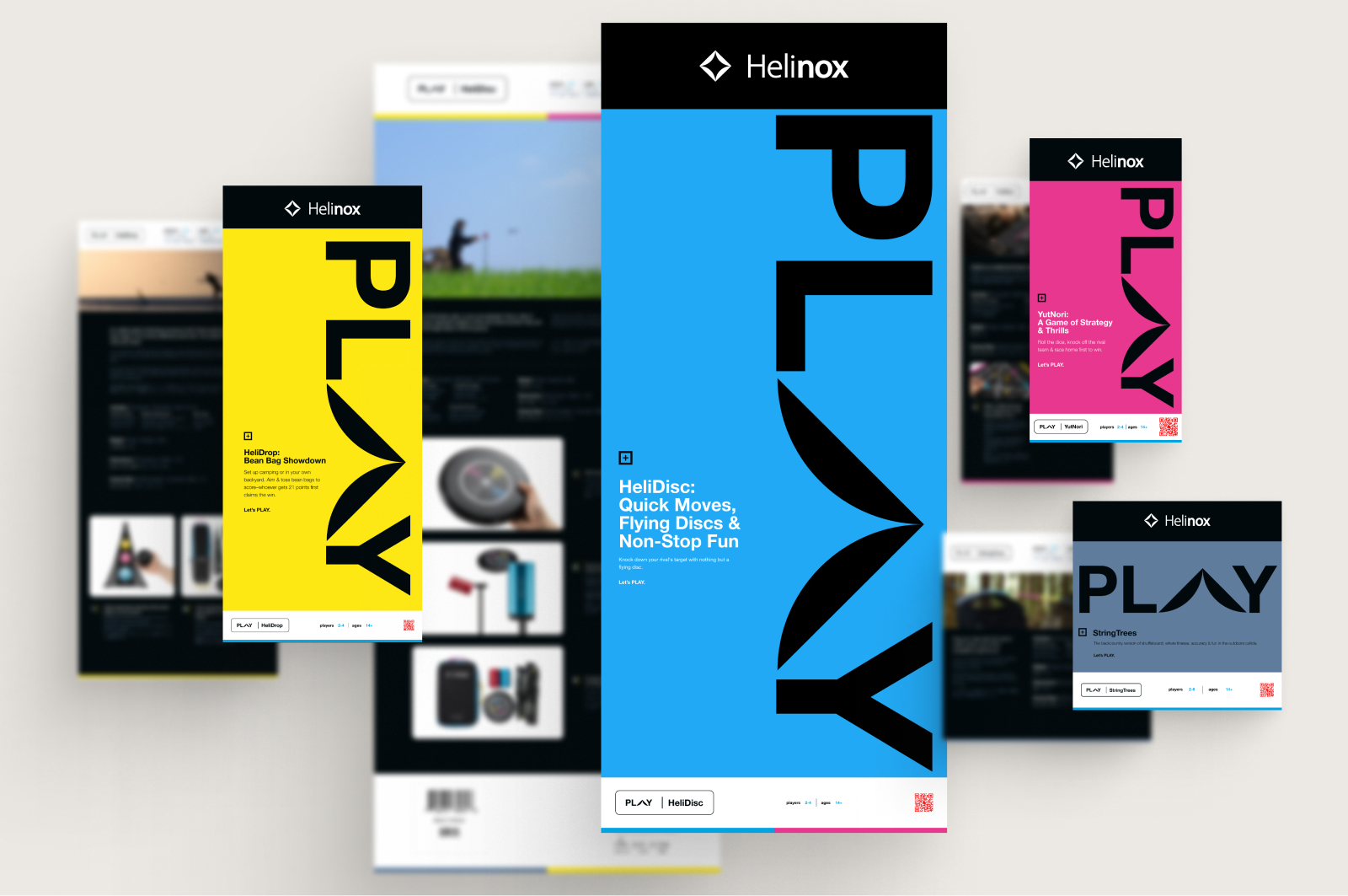 Helinox PLAY game cards in bright colors with black text and logo on a blurred background.