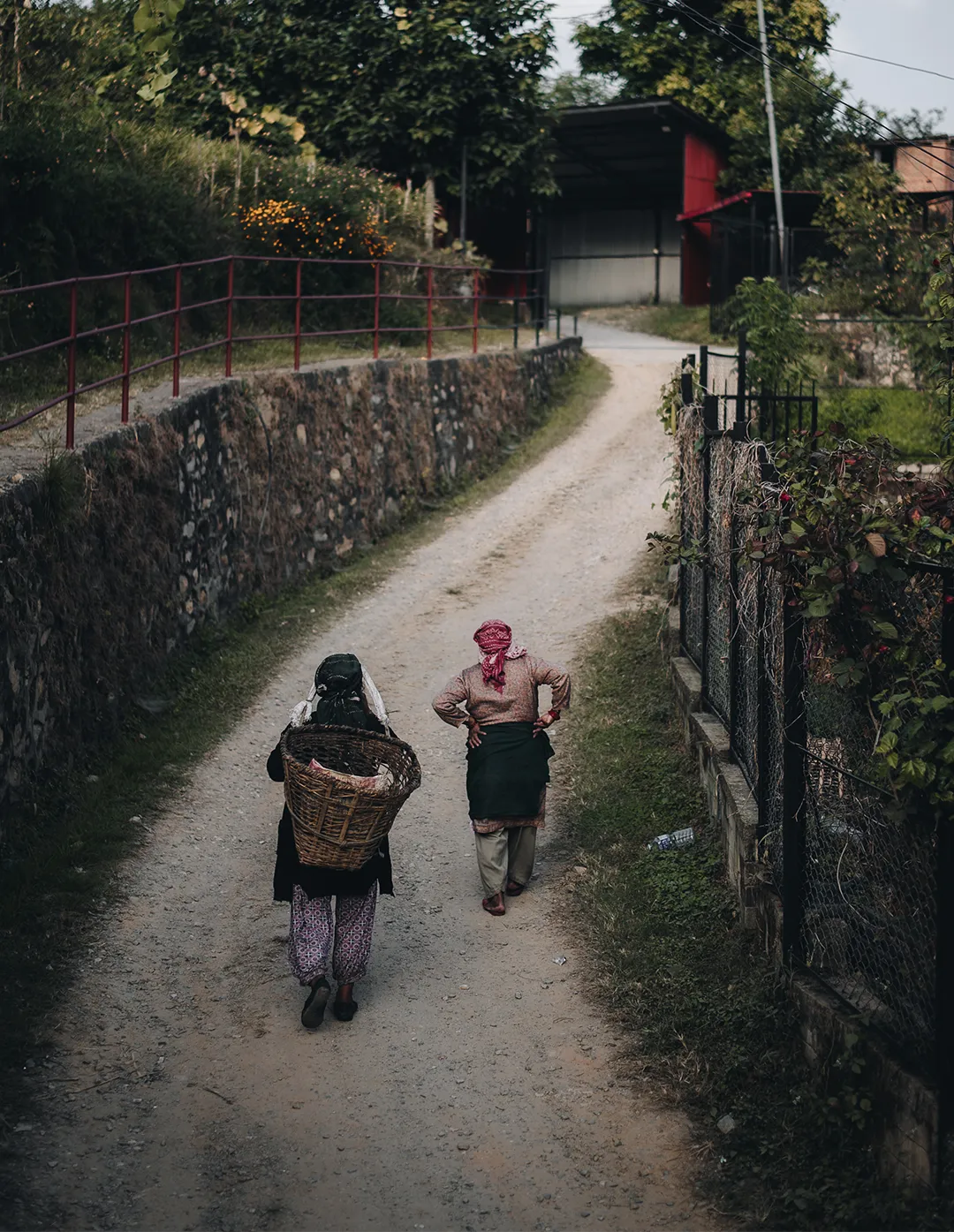 Two women walking on a dirt path surrounded by stone walls and greenery, one carrying a large wicker basket on her back.