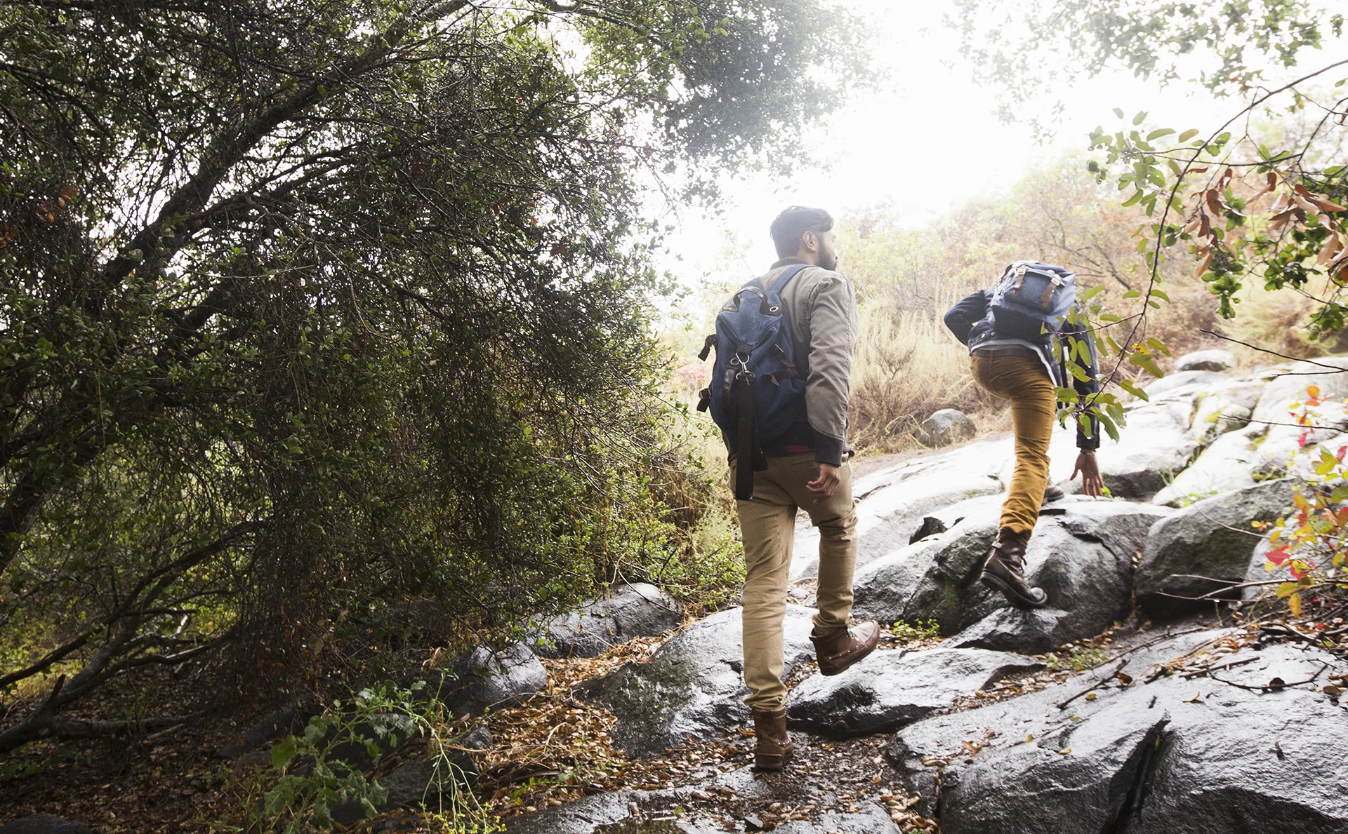 Two men hiking and climbing over wet rocks surrounded by dense green foliage.