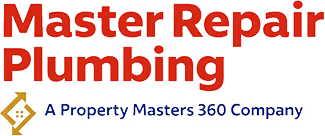 Logo text reading 'Master Repair Plumbing' in bold red font and 'A Property Masters 360 Company' in smaller blue font with a gold and white diamond-shaped icon on the left.