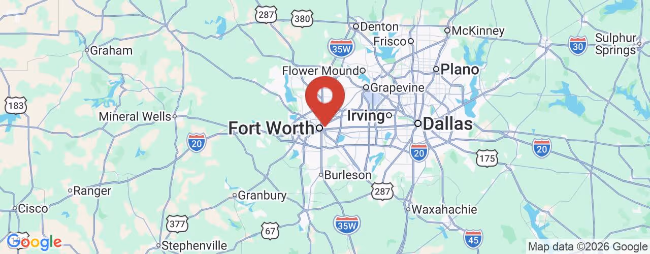Map showing the Dallas-Fort Worth metropolitan area in Texas with a red location pin near Fort Worth.