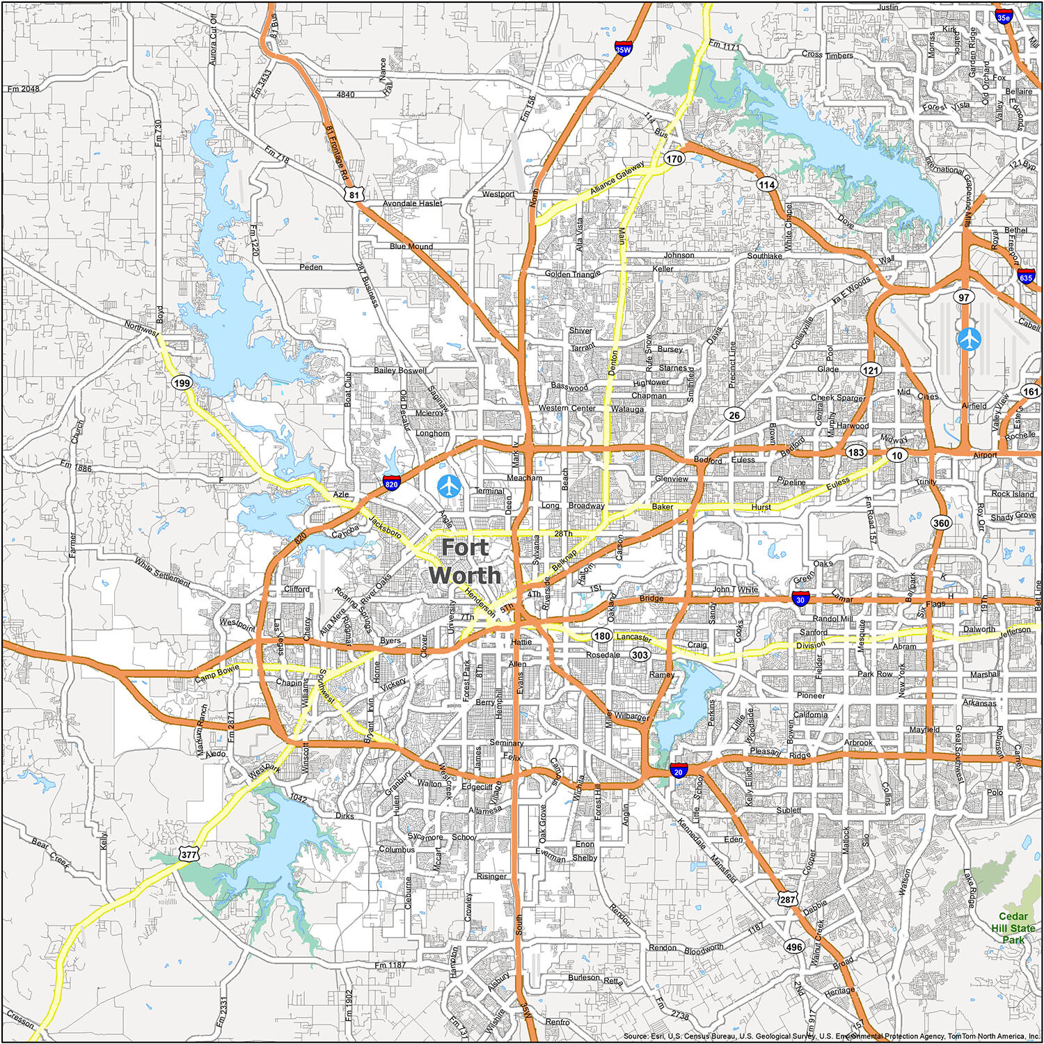Detailed map of Fort Worth, Texas, showing highways, major roads, lakes, and the airport.