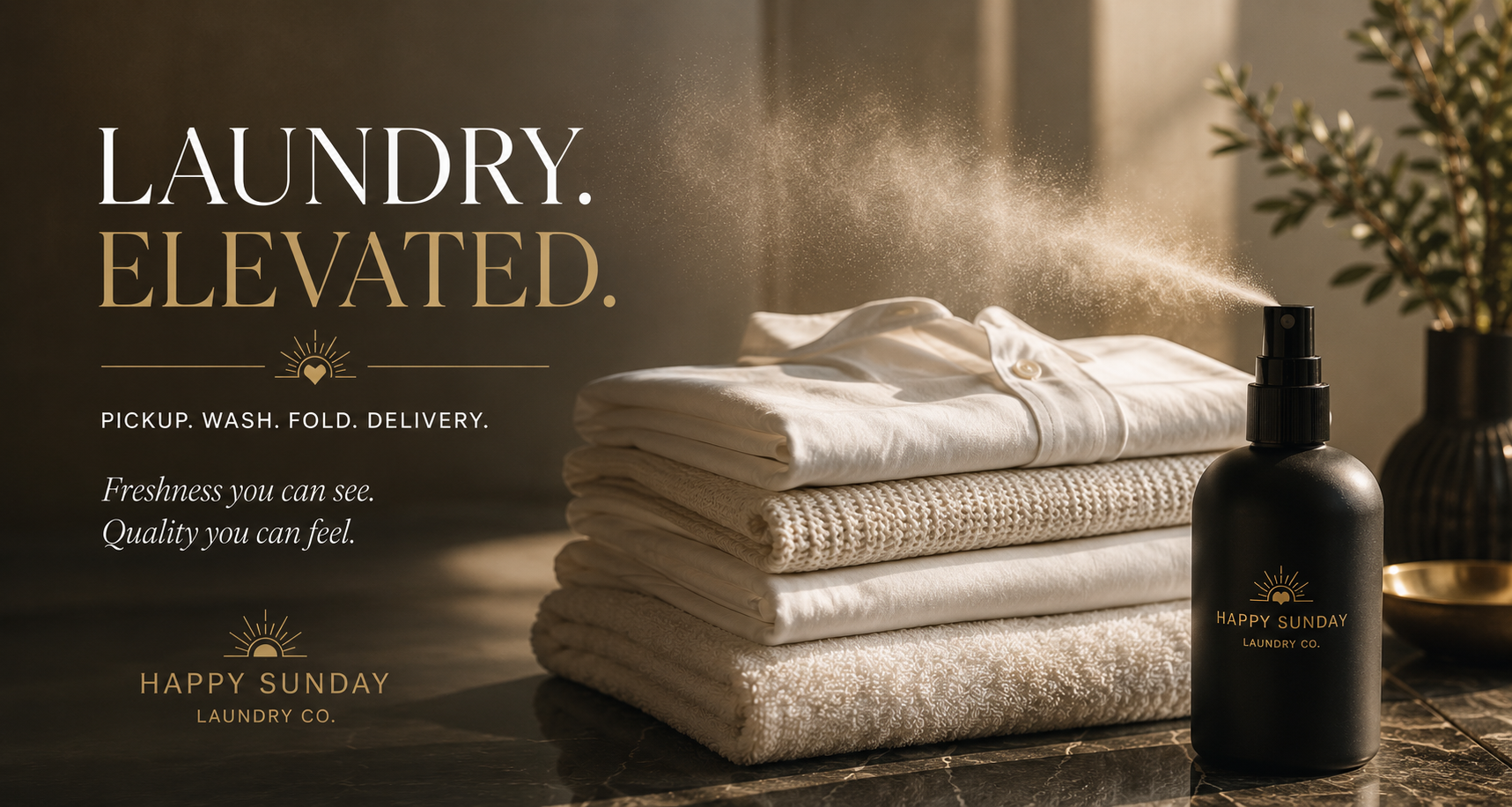 Folded laundry with Happy Sunday branded bag