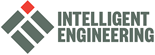 Intelligent Engineering company logo with abstract geometric shapes and text.