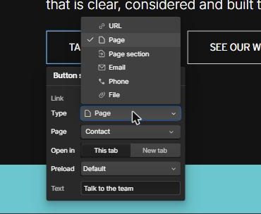 The link Type dropdown open showing URL, Page, Page section, Email, Phone and File.