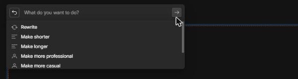 The AI writing menu open with options: Rewrite, Make shorter, Make longer, Make more professional, Make more casual.