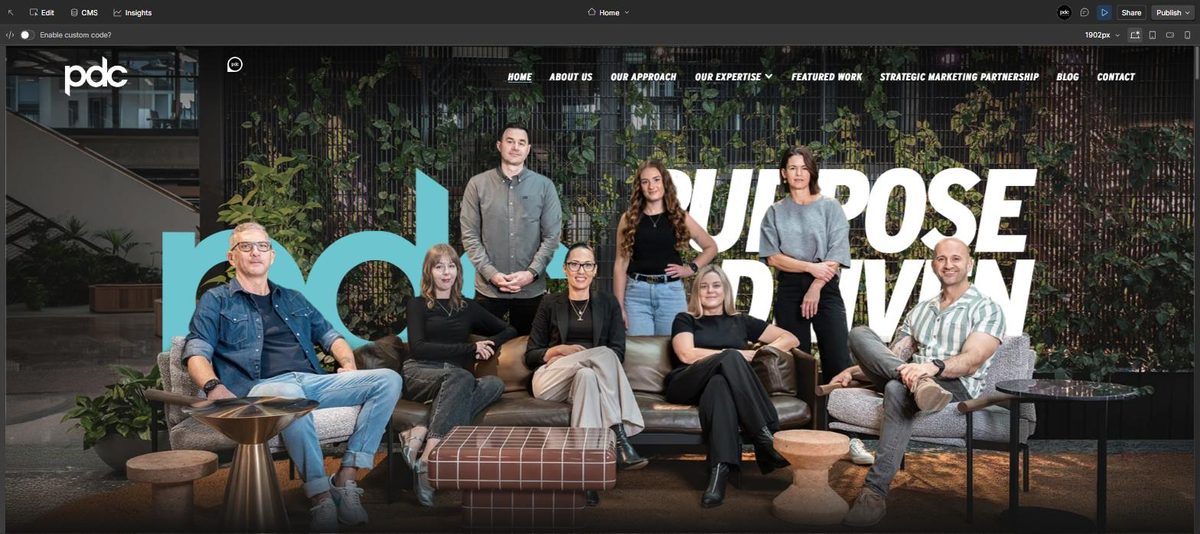 Preview mode showing the PDC Creative home page with the editing toolbar hidden.