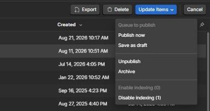 The Update items menu open showing Publish now, Save as draft, Unpublish and Archive.