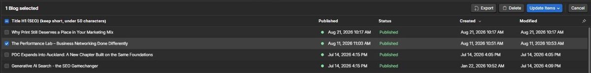 The collection table in select mode with one item ticked and Export, Delete, Update items and Cancel buttons at the top.
