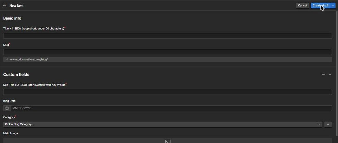 The New item form with fields for title, slug, subtitle, date, category, main image and alt text.