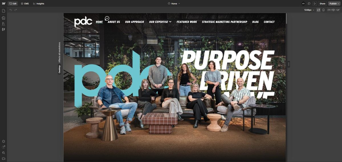 Webflow Edit mode showing the PDC Creative home page filling the canvas, with a toolbar across the top.