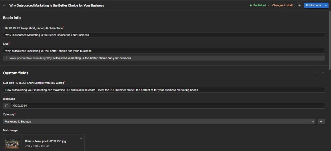 A blog post open in the CMS showing its status as Published with Changes in draft, and a Publish now button.