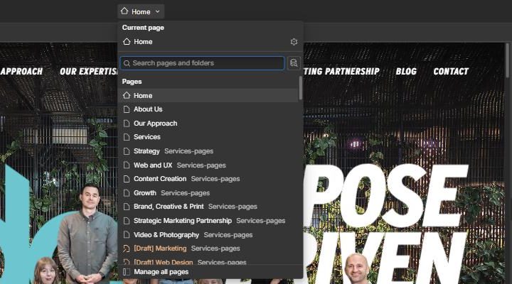 The page switcher dropdown open, showing a search box and a list of site pages.