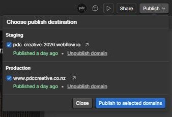 The Choose publish destination panel showing a staging address and a production address, both ticked, with a Publish to selected domains button.