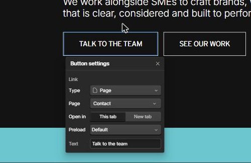 The Button settings panel showing Type, Page, Open in, Preload and Text fields.