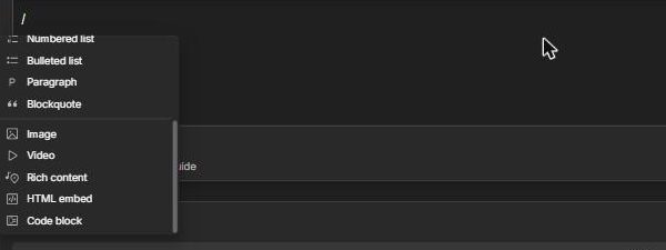 The lower half of the slash menu showing Blockquote, Image, Video, Rich content, HTML embed and Code block.