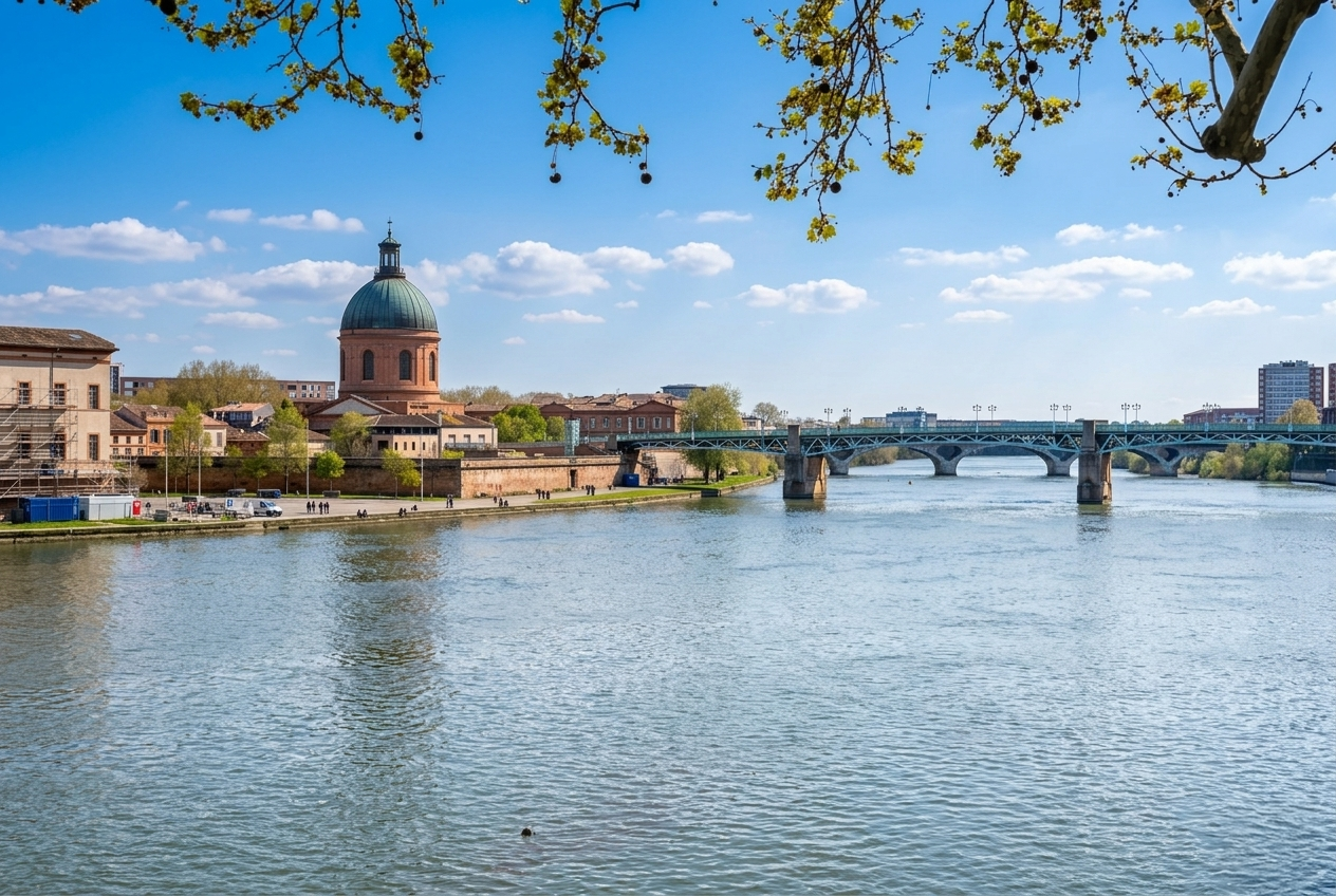 La Garonne avec un pont en acier et le dôme de la chapelle Saint-Joseph à Toulouse sous un ciel bleu.
