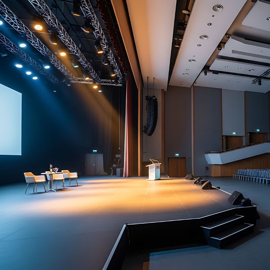 Professional performance venue with presentation stage, large display, line array audio system, and theatrical lighting.