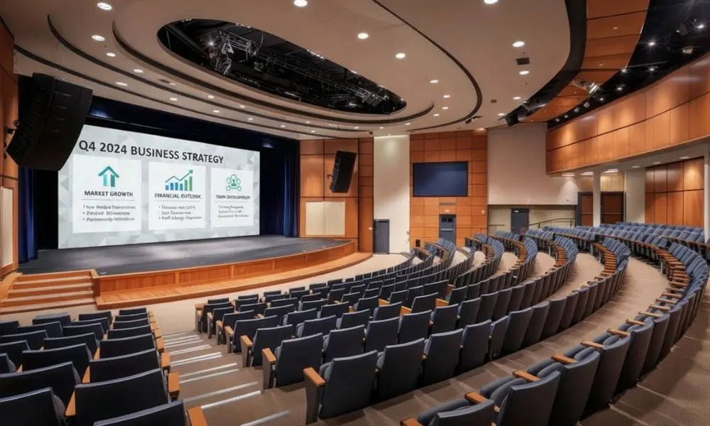 Modern auditorium with large-format display, professional line array audio system, and architectural lighting.