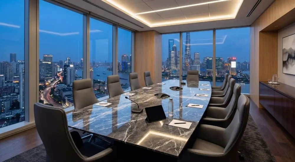 Modern conference room equipped for video conferencing, presentations, and collaborative meetings.
