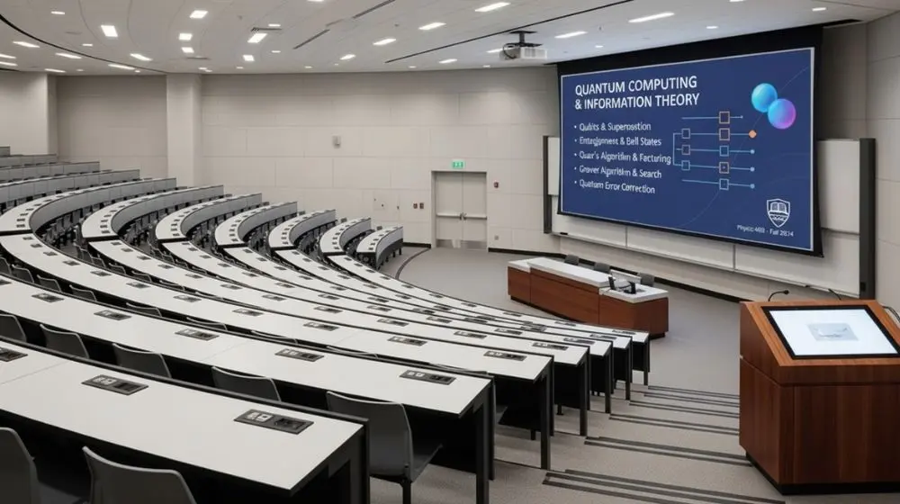 Modern university classroom with large presentation display, instructor lectern, and collaborative seating for interactive learning.