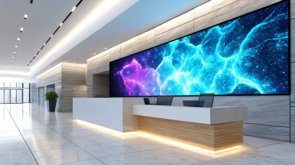 Modern reception area with LED video wall, architectural lighting, and welcoming guest environment.